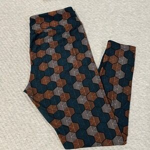 LuLaRoe TC Leggings - EUC - teal, grey, gold geometric pattern